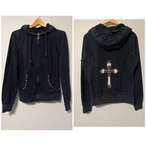 VTG Y2K Twisted Heart Embellished Zip Up Hoodie Distressed Jacket Black Cross M